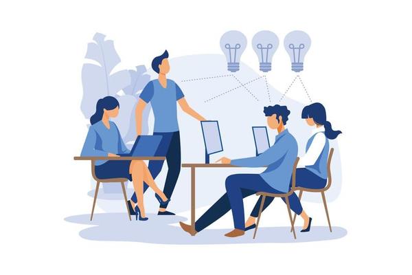 business-meeting-and-brainstorming-business-concept-for-teamwork-searching-for-new-solutions-little-people-are-sitting-on-light-bulbs-in-search-of-ideas-flat-modern-design-illustration-vector